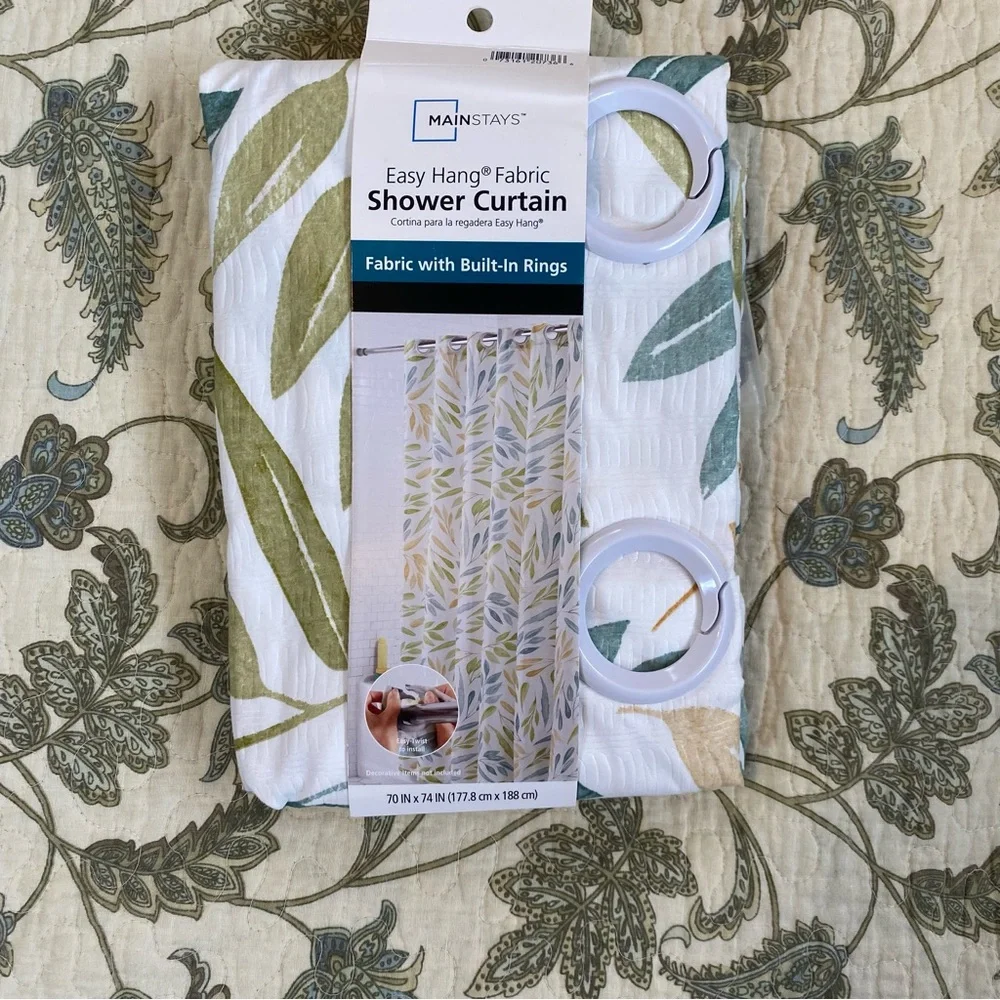 Mainstays White Shower Curtain with Green and Gold Leaf Pattern